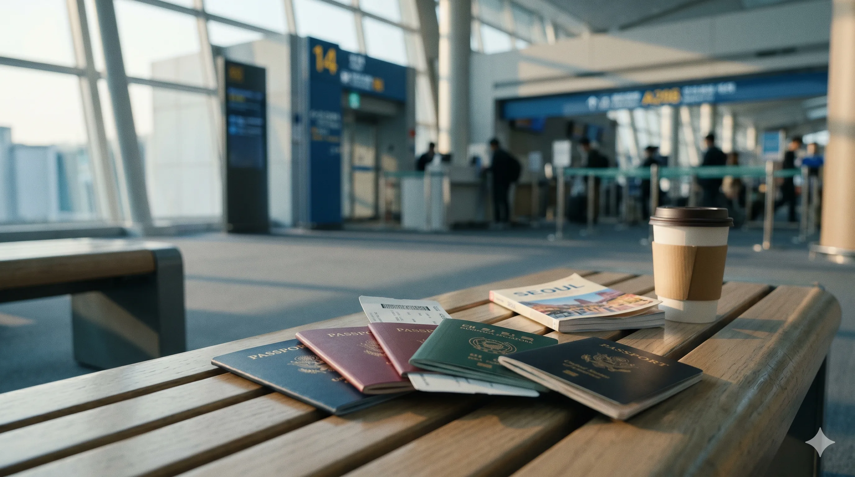 인천공항 벤치에 펼쳐진 여러 색깔의 여권과 탑승권, 서울 여행 가이드북 — 한국 무비자 입국 가능 국가 목록