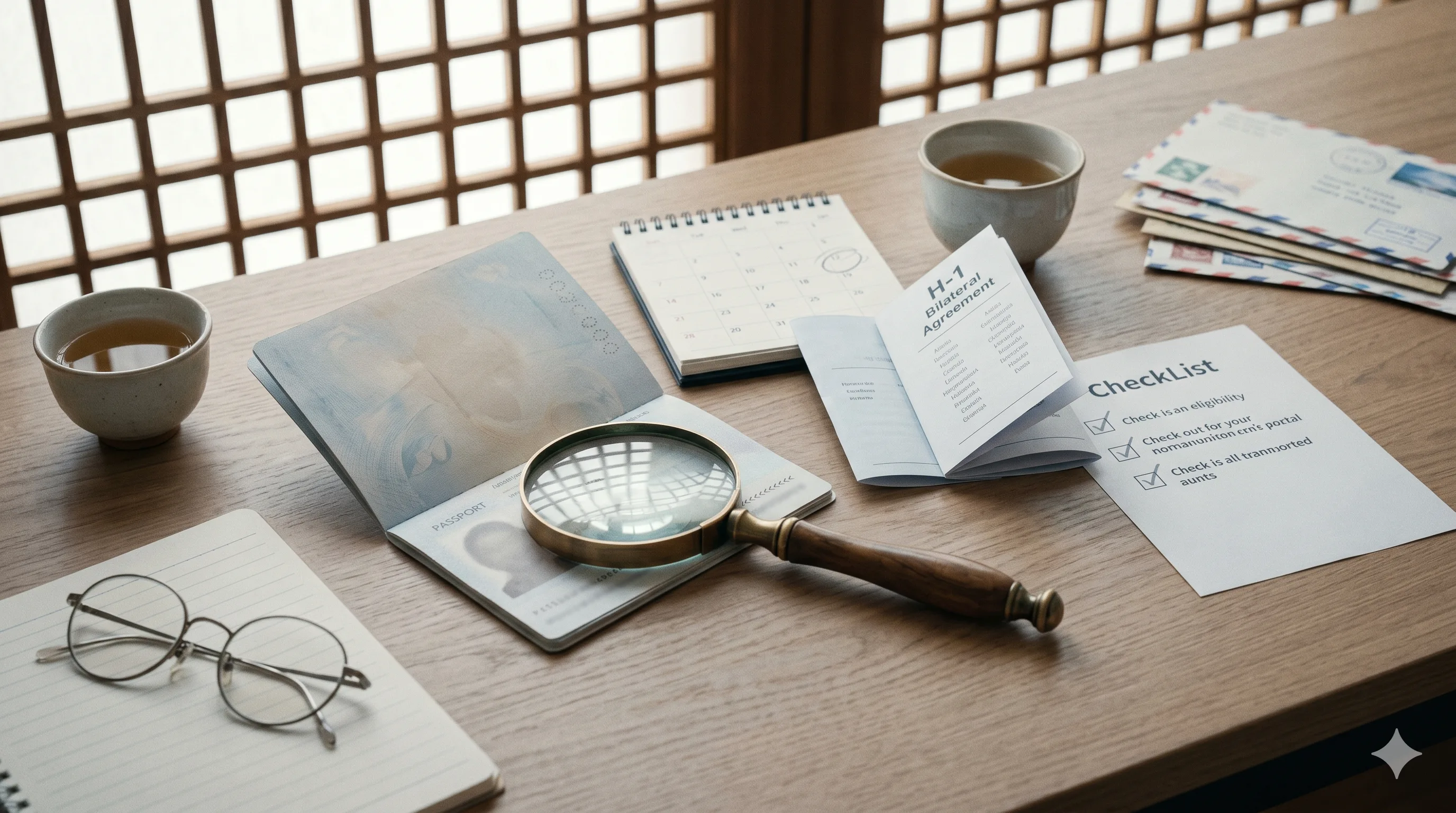 Wooden desk in afternoon light with an open passport date page under a vintage magnifying glass, a small calendar with a circled date, a folded H-1 bilateral agreement leaflet, a pencil-ticked checklist, stamped envelopes from various countries, a cup of barley tea and round wire-frame eyeglasses on a notebook — Korea H-1 working holiday visa eligibility checker tool