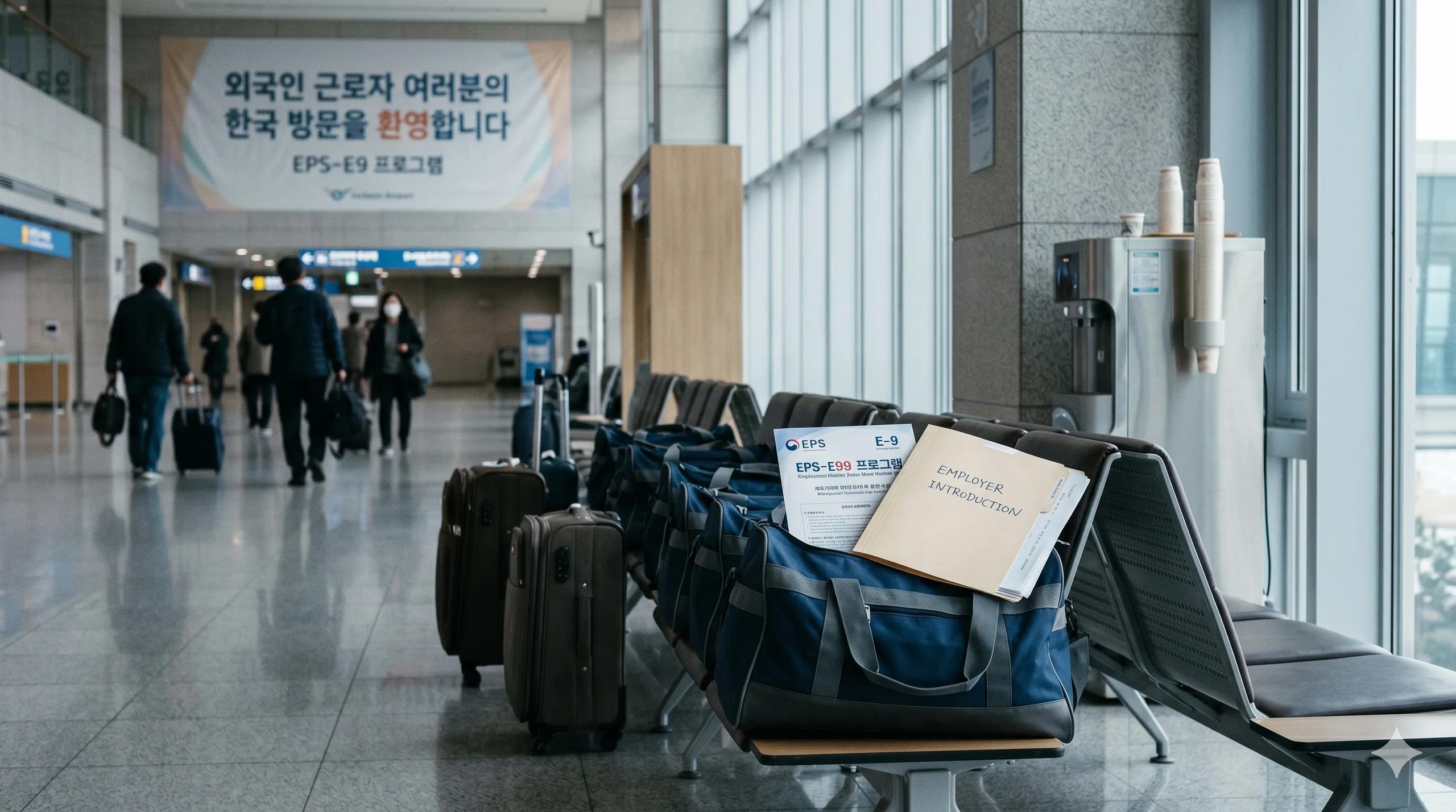 이른 아침 인천공항 입국장의 넓은 홀, 금속 벤치를 따라 가지런히 놓인 똑같은 더플백과 작은 캐리어들, 한 가방 위에 놓인 접힌 EPS 근로계약 서류 묶음과 사업주 소개서 봉투, 높은 창문으로 들어오는 차가운 아침 햇살 — 국적별 한국 EPS-E9 고용허가제 허브