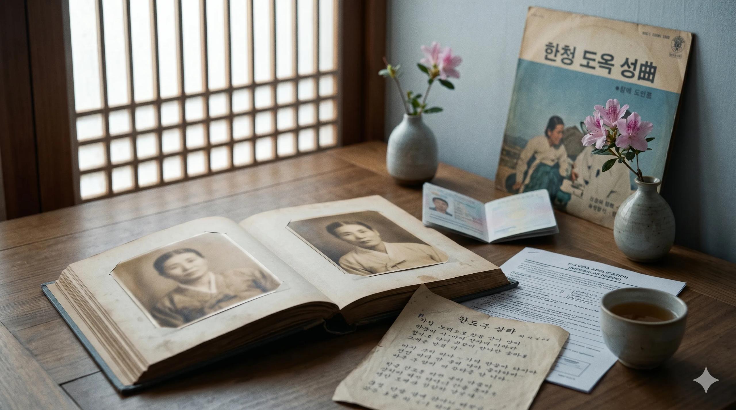 Weathered family album open on a wooden table beside an open passport with sepia portraits of Korean grandparents in soft focus, a folded F-4 application packet, a ceramic cup of barley tea, a vintage Korean folk song record sleeve, an azalea sprig and an old handwritten Hangul lyric sheet — Korea overseas Korean hub for F-4 H-2 ancestral return visa applications by nationality