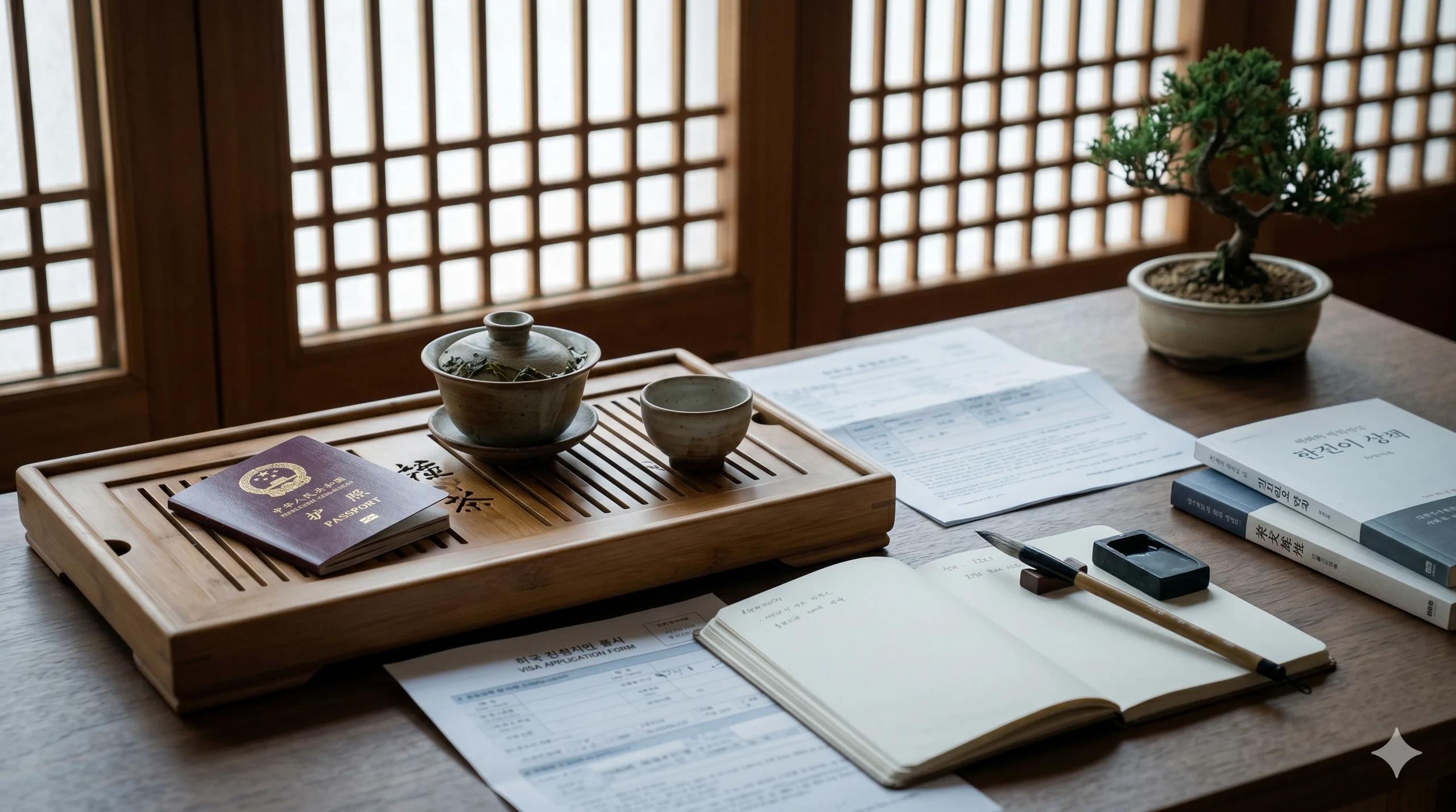 Burgundy Chinese passport on a Korean wooden tea tray with a ceramic gaiwan tea cup, a calligraphy brush and ink stone, two slim books in Hangul and Hanzi, and a folded Korean visa application — Korea visa guide for Chinese citizens, students, and overseas Korean returnees
