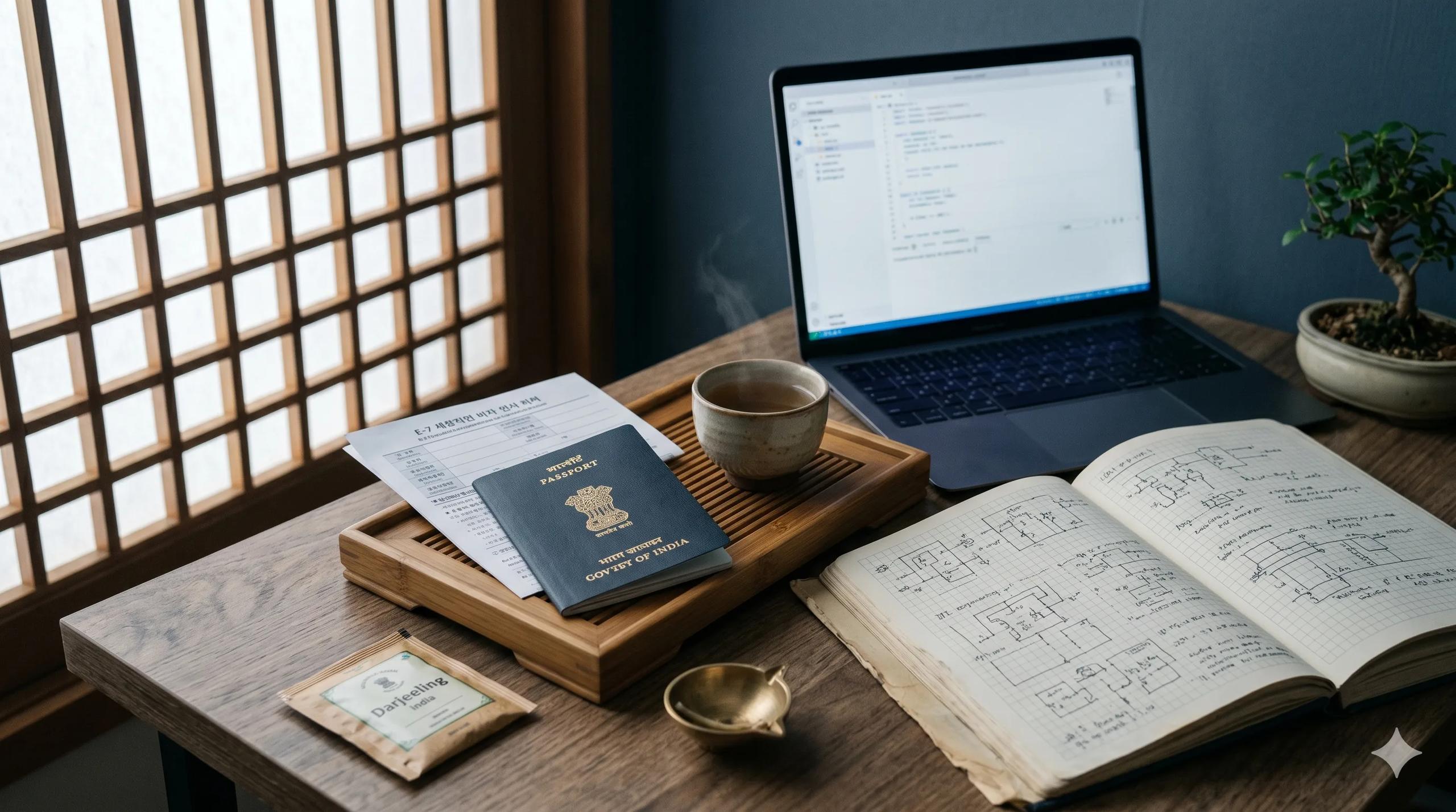Dark blue Indian passport on a Korean wooden tea tray with a ceramic cup of barley tea, a folded Korean E-7 visa application, an engineering notebook with technical sketches, an open laptop with a blank code editor, a brass diya lamp and Darjeeling tea — Korea visa guide for Indian software engineers, students and specialty professionals