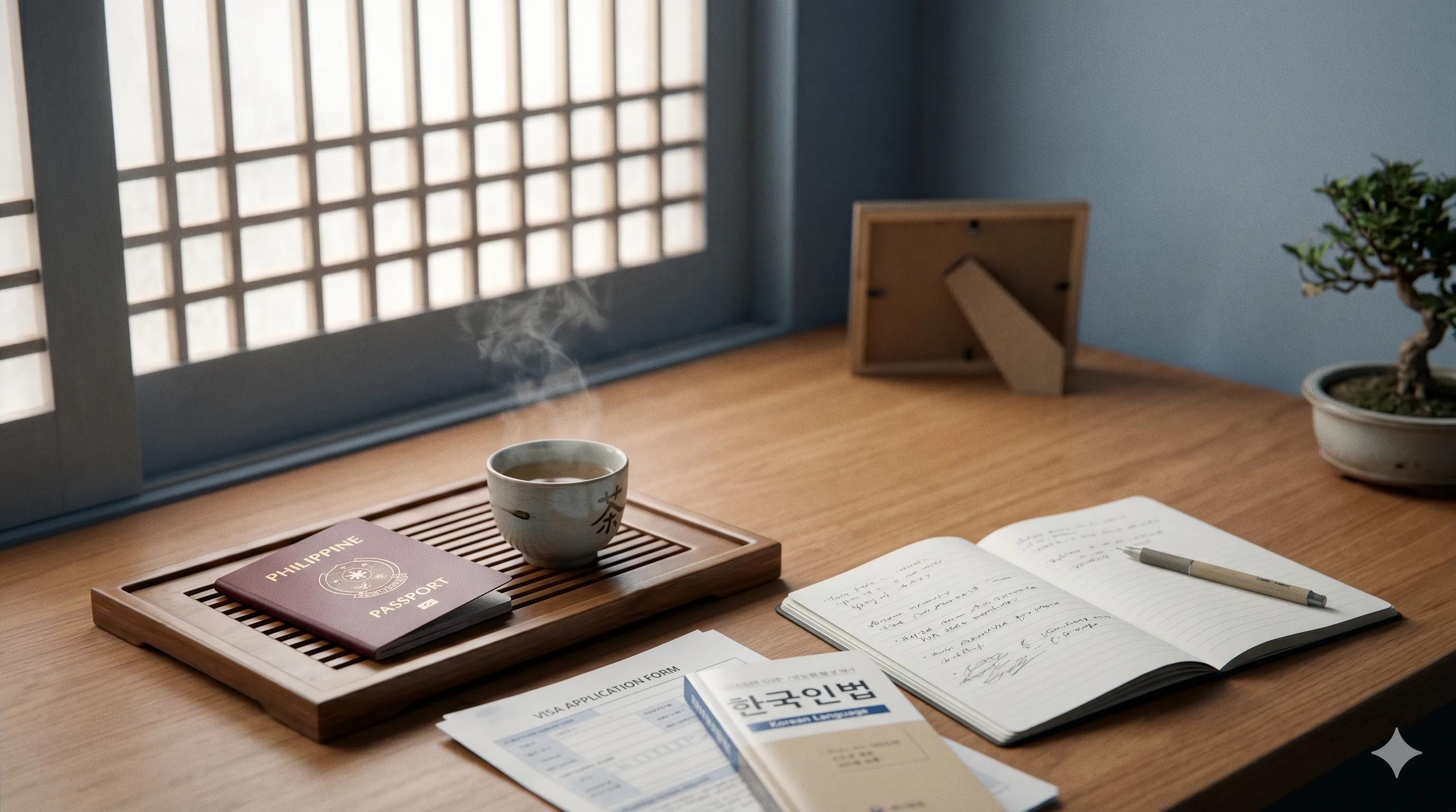 Maroon Philippine passport on a Korean wooden tea tray with a ceramic cup of barley tea, an EPS-TOPIK study booklet, an open notebook with handwritten notes, and a folded Korean visa application — Korea visa guide for Filipino EPS workers, marriage migrants and students