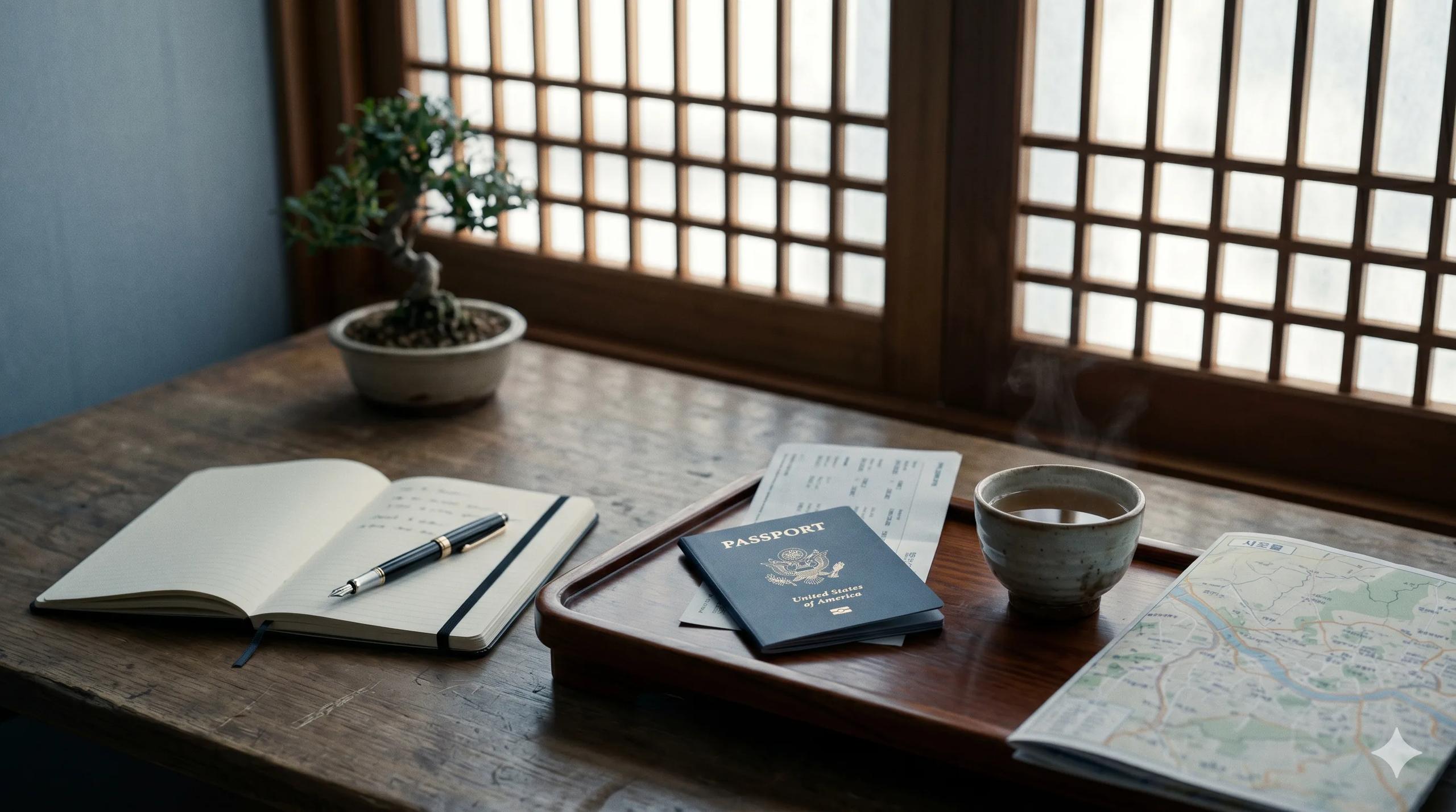 Navy-blue American passport on a Korean wooden tea tray with a ceramic cup of barley tea, a folded flight itinerary and Seoul map, an open notebook with fountain pen, soft hanok lattice light — Korea visa guide for US citizens