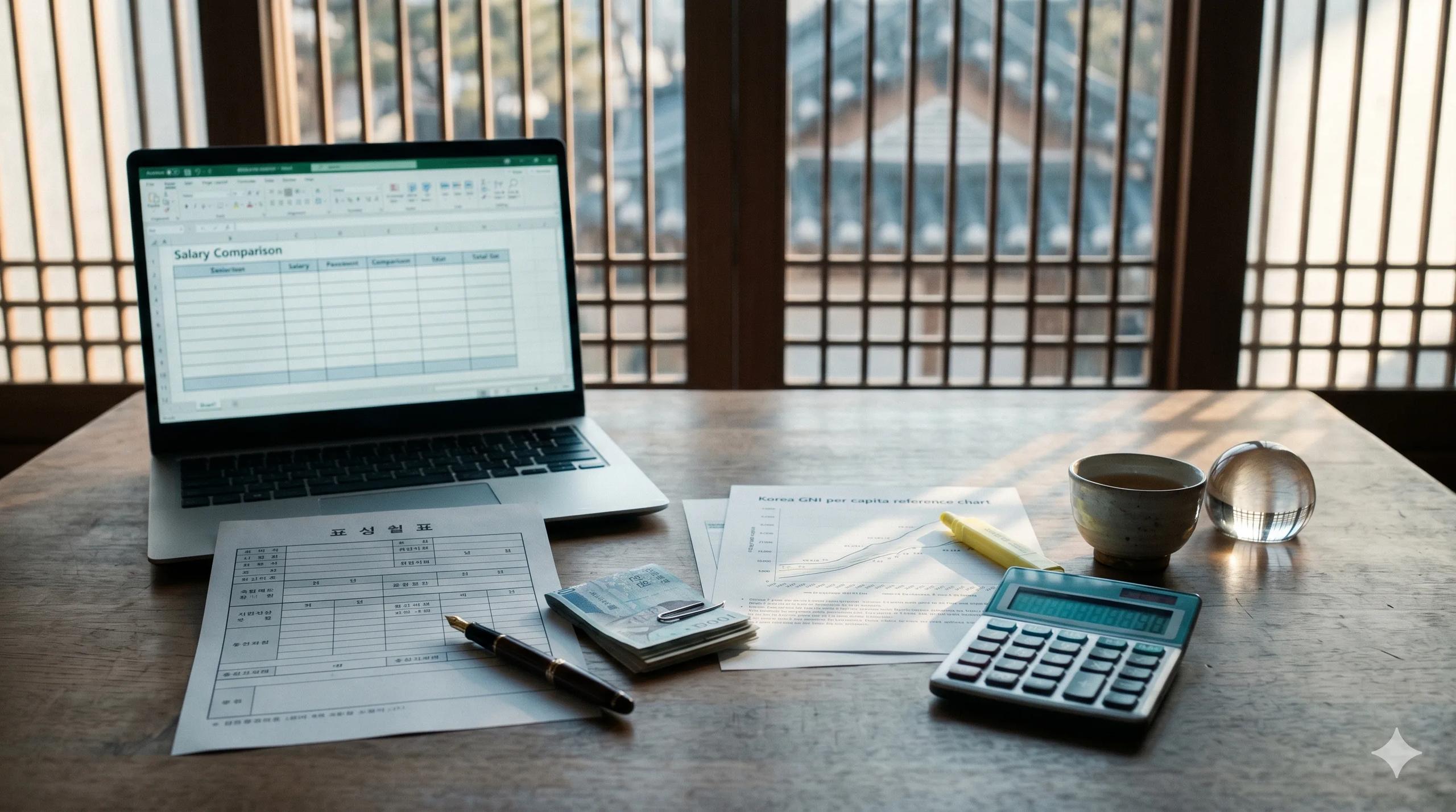 Wooden desk in late afternoon with an open laptop showing a blank salary spreadsheet, a printed Korean payslip-style template with a fountain pen, a clipped stack of Korean won banknotes, a printed Korea GNI per capita reference chart with a yellow highlighter, a digital calculator and a cup of barley tea — Korea E-7 visa minimum salary threshold checker tool
