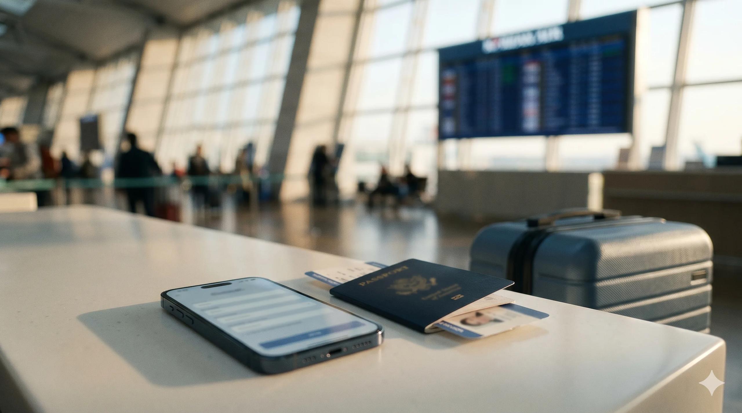 인천공항 체크인 카운터 위 화면이 켜진 스마트폰과 펼쳐진 여권, 그 안의 탑승권, 옆에 흐릿하게 보이는 작은 캐리어 — 한국 K-ETA 전자여행허가 자격 확인
