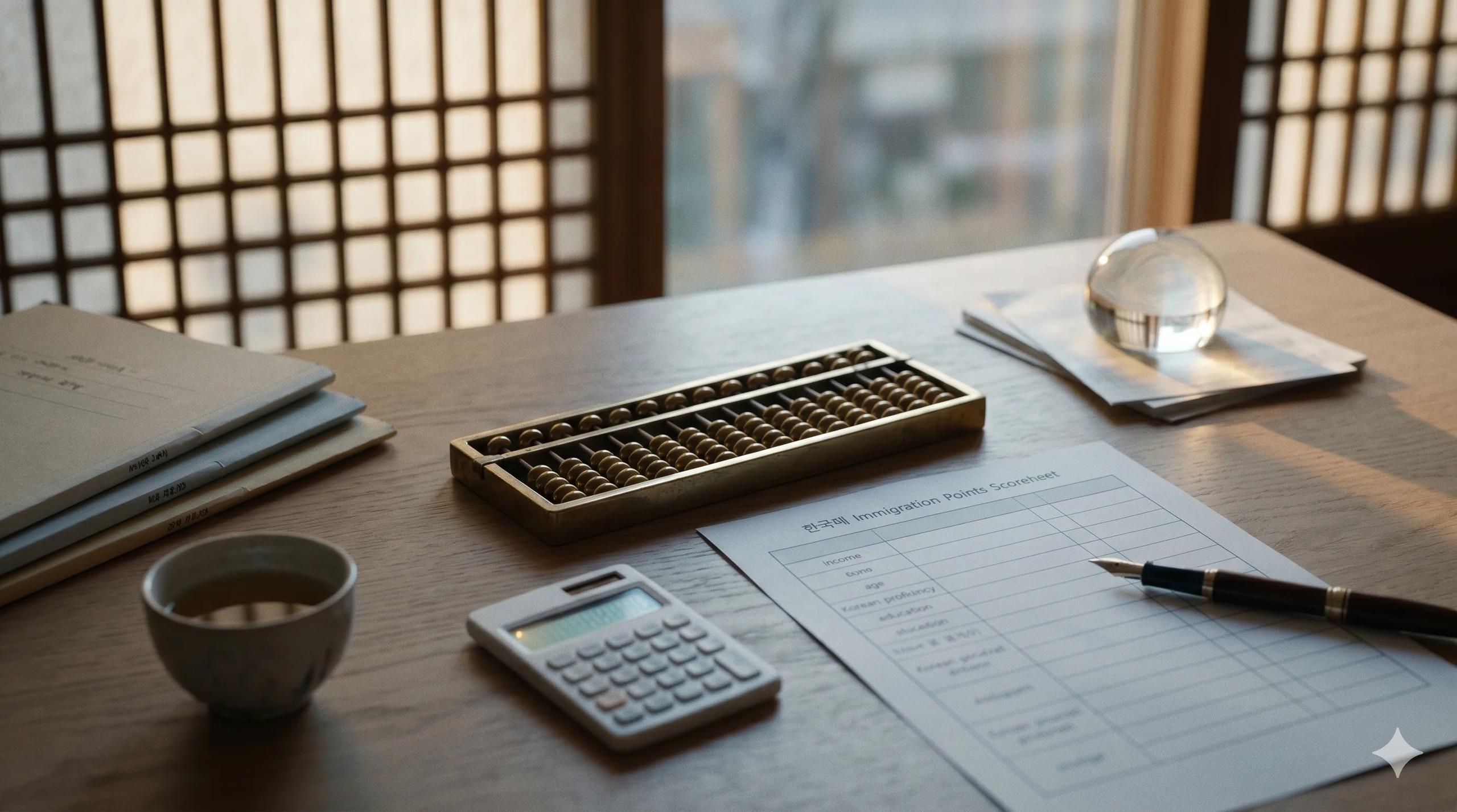 Wooden desk in late afternoon with a vintage brass abacus, a printed Korean immigration points scoresheet (income, age, Korean proficiency, education) with a fountain pen, a digital calculator with a faint glowing screen, a cup of barley tea and a glass paperweight catching warm window light — Korea immigration K-Point calculator tool for F-2-7 and F-5-11 applications