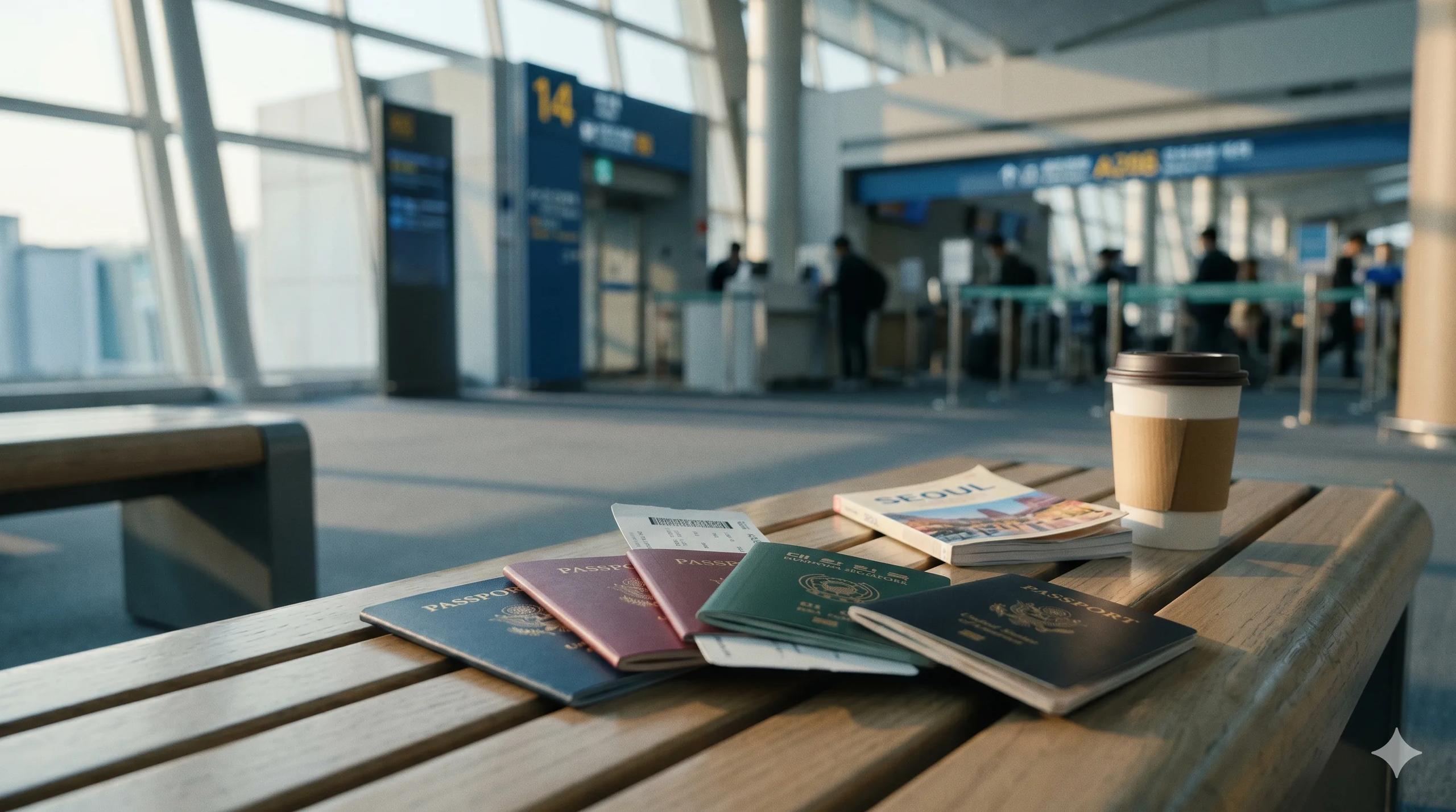 인천공항 벤치에 펼쳐진 여러 색깔의 여권과 탑승권, 서울 여행 가이드북 — 한국 무비자 입국 가능 국가 목록