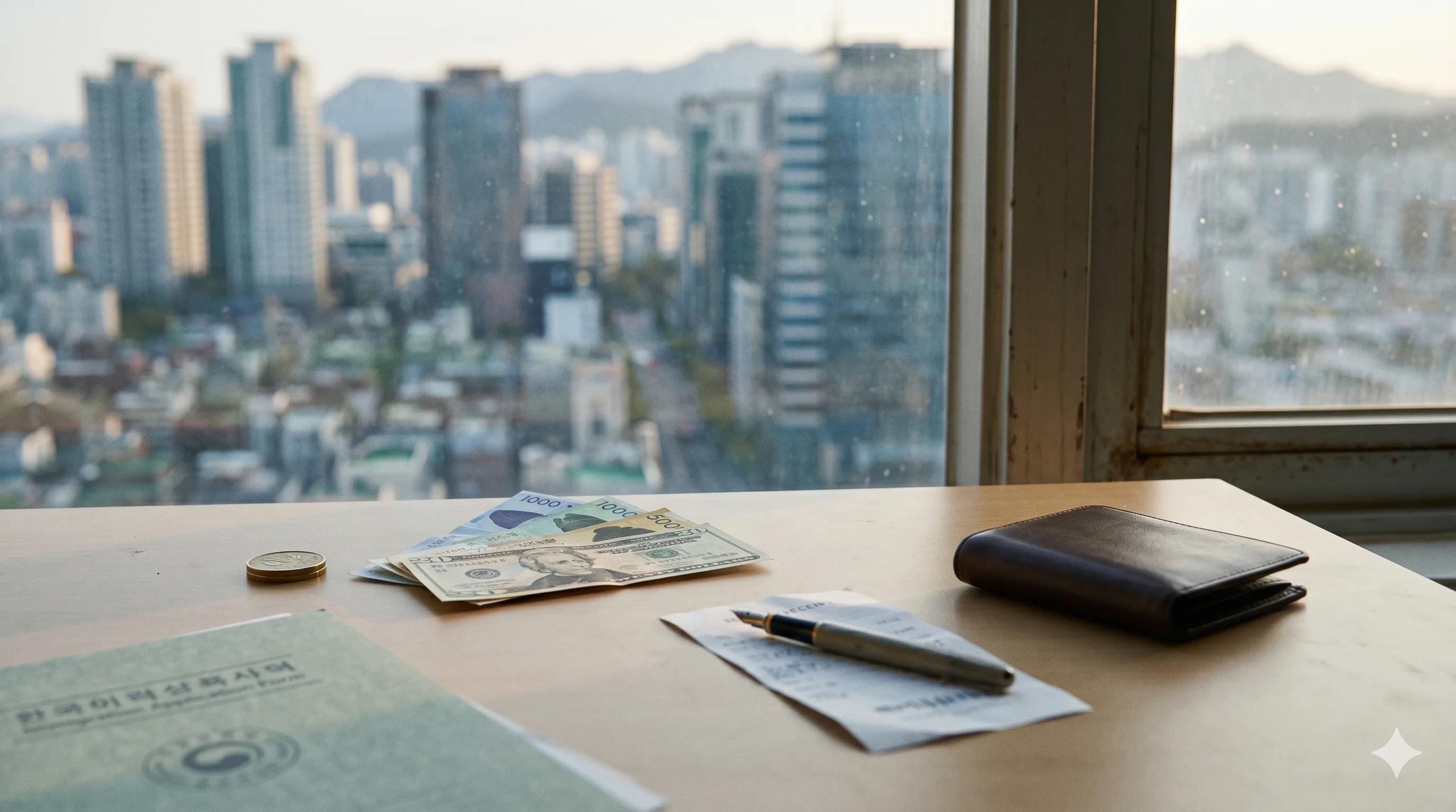 Korean immigration application folder, mixed Korean won and US dollar notes, a brass coin paperweight, fountain pen and folded receipt on a wooden desk in soft afternoon light — Korea visa fees and payment guide