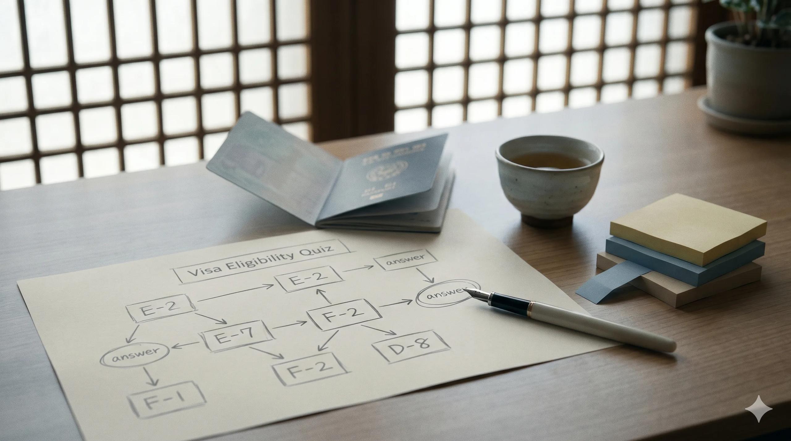 Wooden desk in afternoon light with a multi-branch flowchart of Korean visa codes (E-2, E-7, F-2, D-8) sketched as nodes connected by pencil arrows, a fountain pen by a circled answer, an open passport face-down, a cup of barley tea and color sticky notes — Korea visa quiz tool to find the right visa pathway