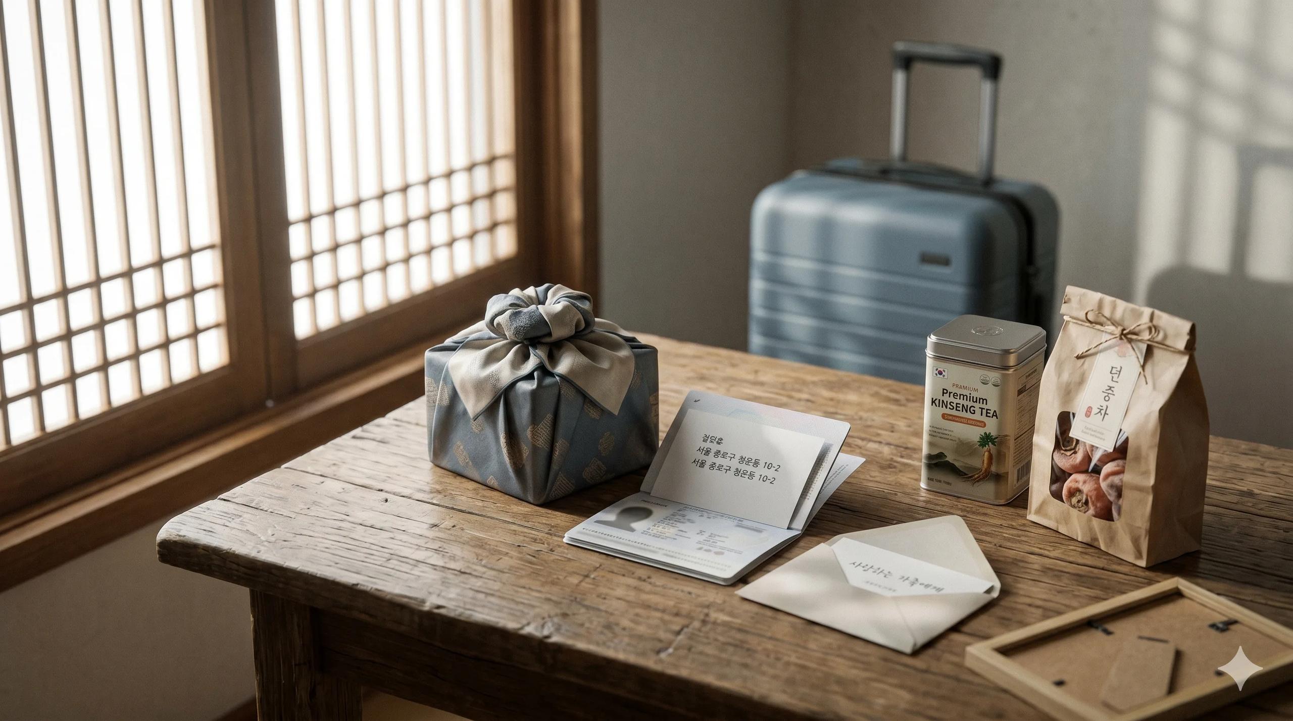 A small gift box wrapped in bojagi cloth on a wooden table beside an open passport, a folded note with a Korean address, a tin of ginseng tea and a bag of dried persimmons, a face-down family photograph and a carry-on suitcase in soft afternoon light — Korea C-3-1 short-term family visit visa preparation