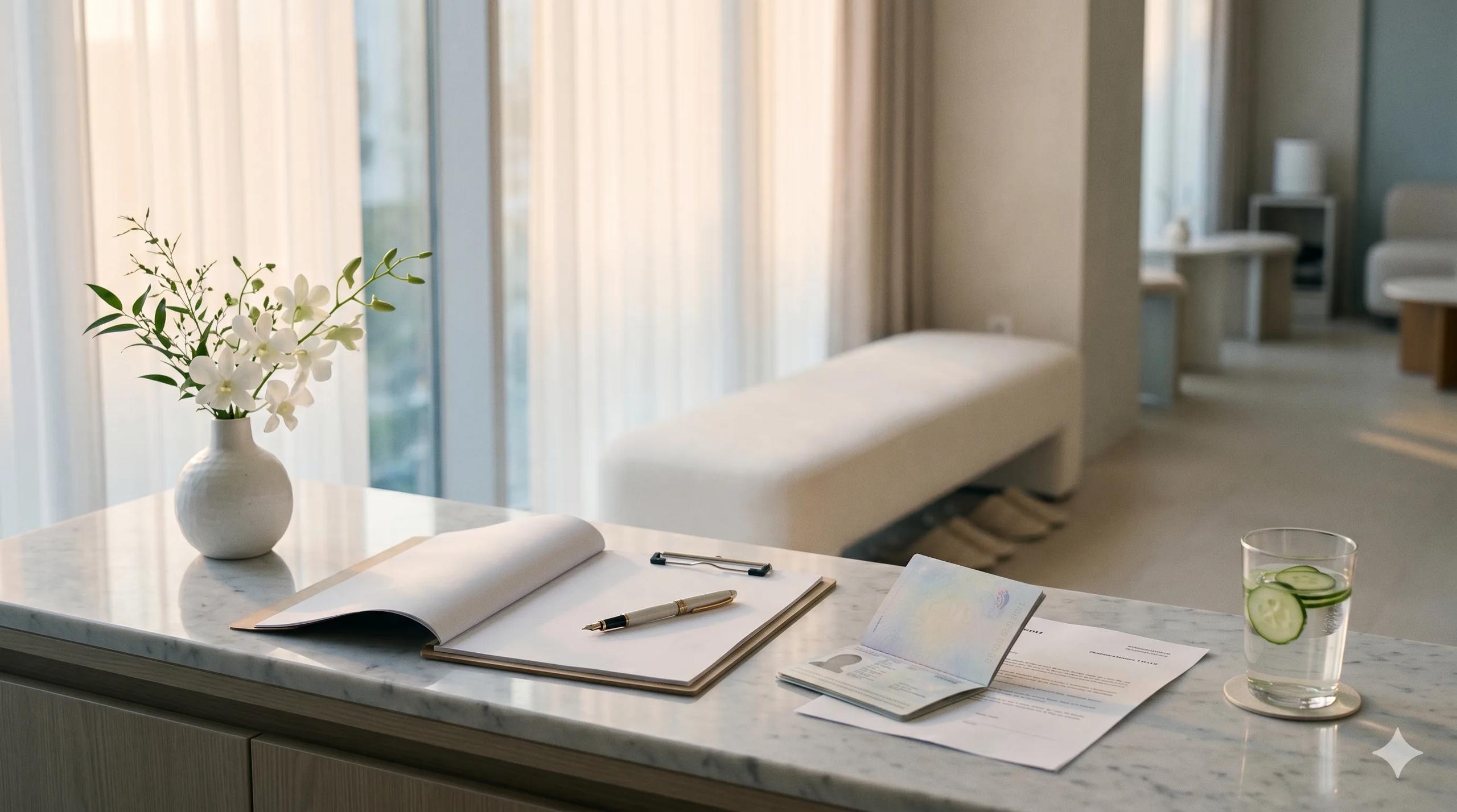 Modern Seoul medical clinic reception at golden hour with white orchids on a marble counter, a blank patient clipboard and fountain pen, an open passport beside a printed appointment letter, a glass of cucumber water and a soft white waiting bench with folded slippers — Korea C-3-8 medical tourism visa