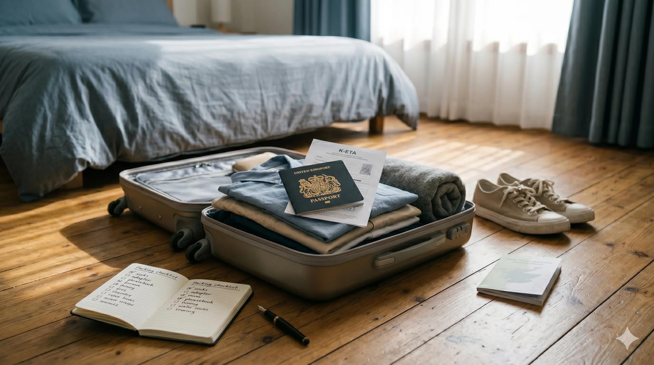 Half-packed carry-on suitcase on a wooden bedroom floor with folded shirts, an open passport with a K-ETA confirmation, a handwritten packing checklist with ticked items, walking shoes and a Korean phrasebook in soft morning light — Korea C-3-9 short-term general visit visa preparation