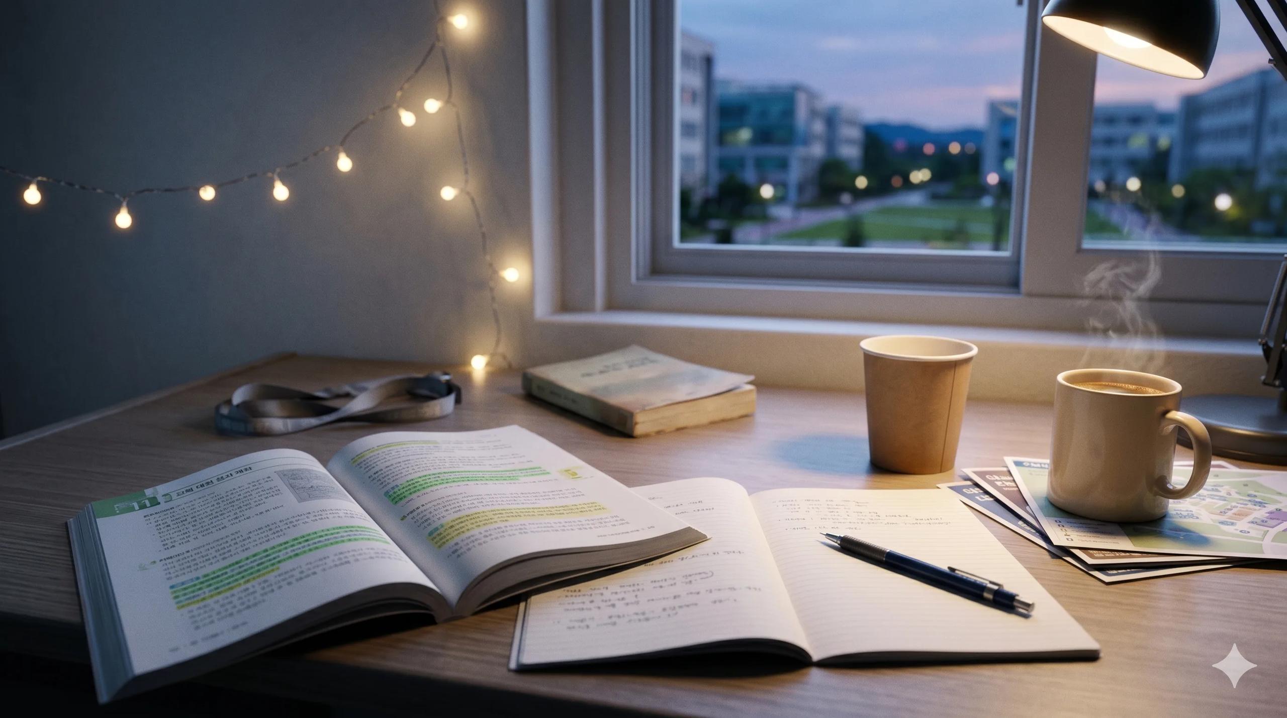 Korean university dormitory study desk in early evening with an open undergraduate textbook with highlighter marks, a notebook with handwritten lecture notes, a ramen cup beside a steaming mug of instant coffee, a campus map and university ID lanyard, fairy lights along the wall, warm desk-lamp light, a campus quad at dusk through the window — Korea D-2-1 bachelor's degree student visa