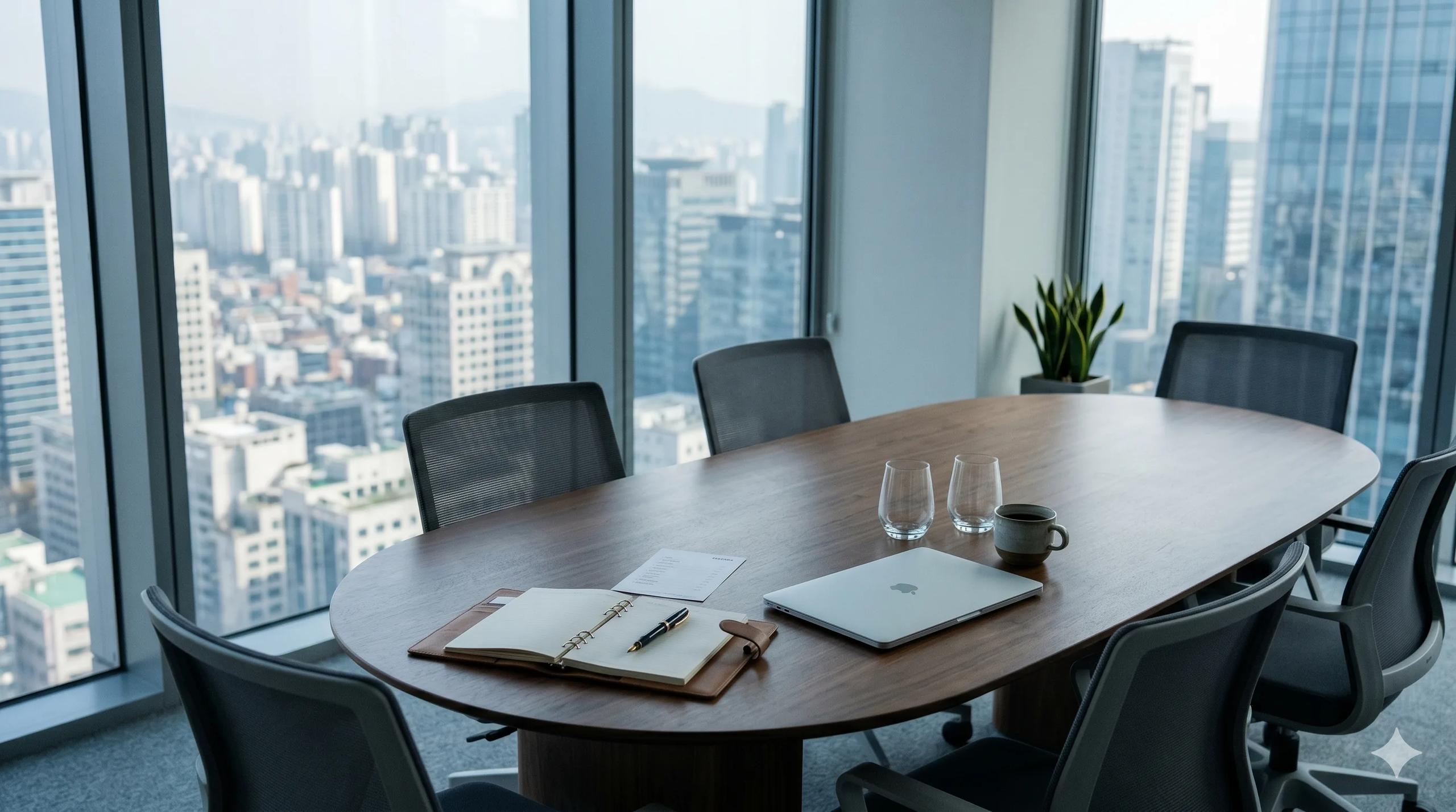 Modern glass-walled meeting room in a Seoul office tower at mid-morning with an oval walnut conference table, ergonomic chairs, an open leather notebook with fountain pen, a closed laptop and a coffee cup, Gangnam high-rises softly blurred through floor-to-ceiling windows — Korea E-7-1 specialty professional visa