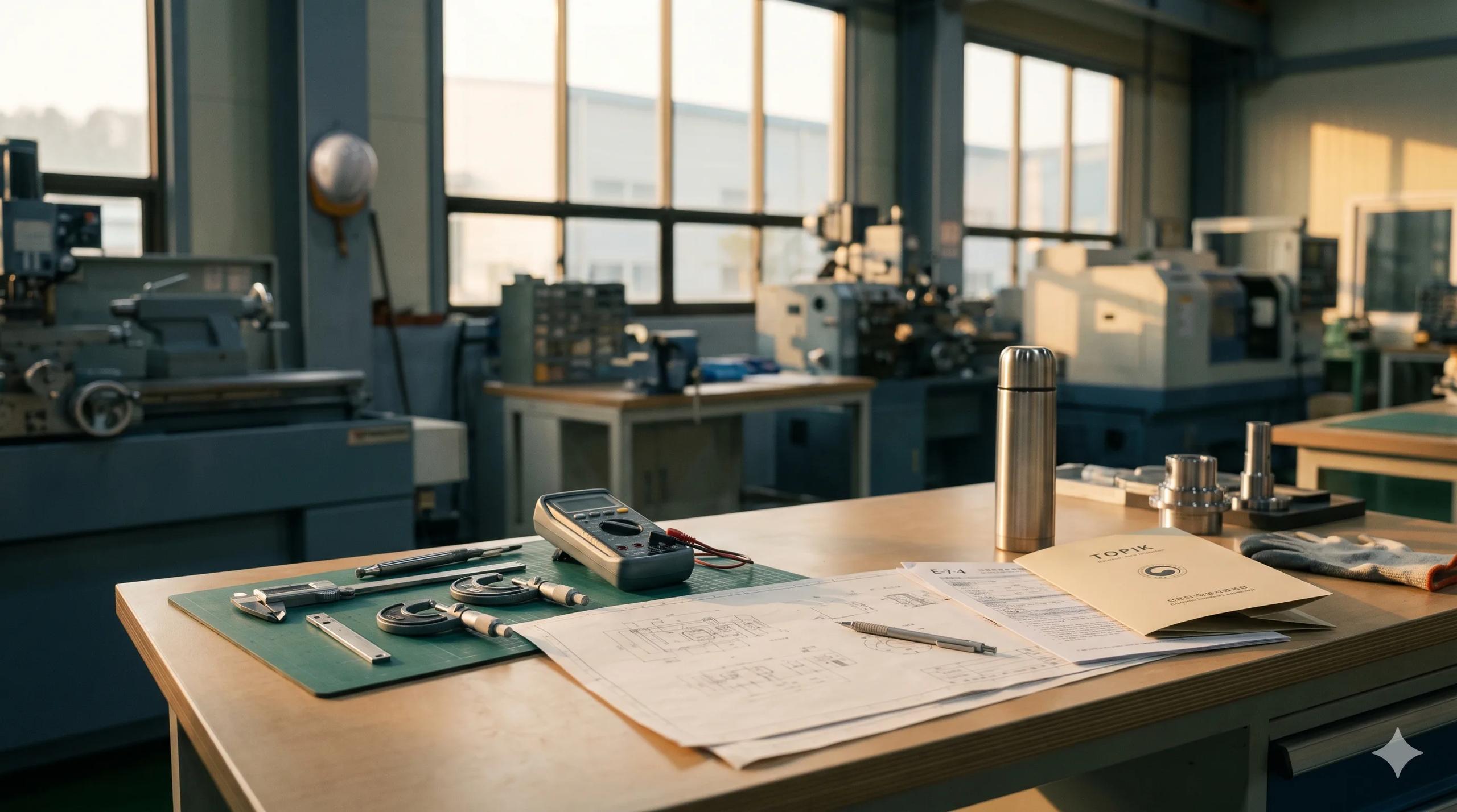 Clean Korean precision manufacturing workbench at golden hour with neatly arranged calipers, micrometers and a multimeter on a green rubber mat, an open engineer's blueprint with a mechanical pencil, a folded E-7-4 application and a TOPIK certificate folder, a thermos of tea — Korea E-7-4 skilled worker points-based visa preparation