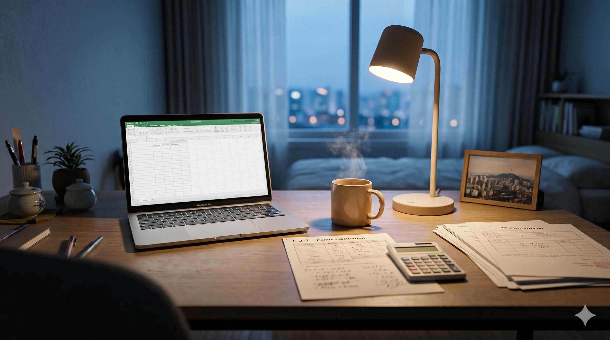 Organized study desk in a quiet Seoul apartment at late evening with an open laptop showing a blank tracking spreadsheet, a printed F-2-7 points worksheet with handwritten figures and a calculator, a TOPIK Level 4 certificate, tax statement and employment papers, a mug of barley tea under warm desk-lamp light — Korea F-2-7 long-term resident points-based visa preparation