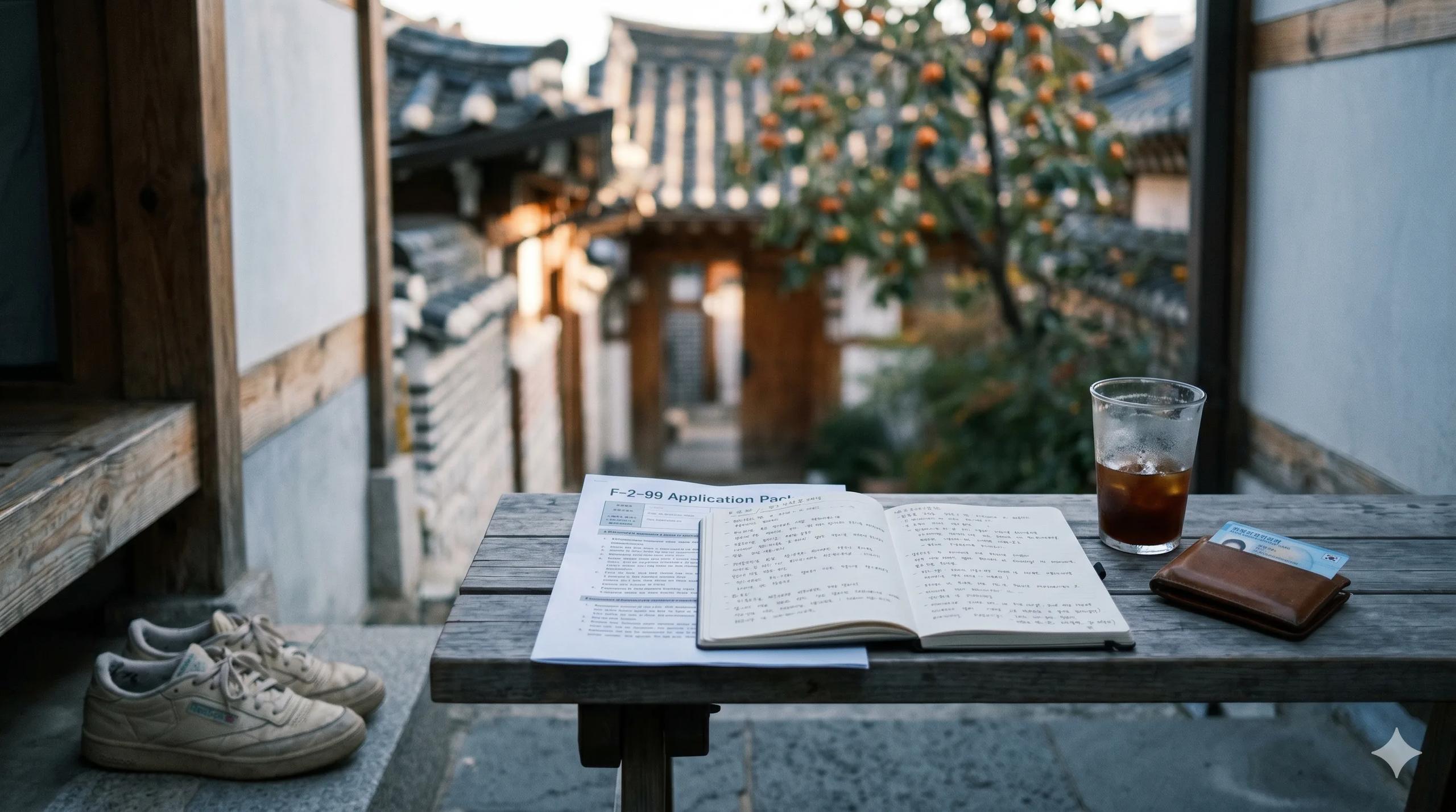 Weathered wooden bench outside a small Seoul neighborhood café in late afternoon light with a folded F-2-99 application packet, an open notebook with bilingual notes, an iced Americano, a leather wallet showing a Korean ARC residence card, well-loved sneakers, an old hanok alleyway and persimmon tree in soft focus — Korea F-2-99 discretionary long-term resident visa preparation