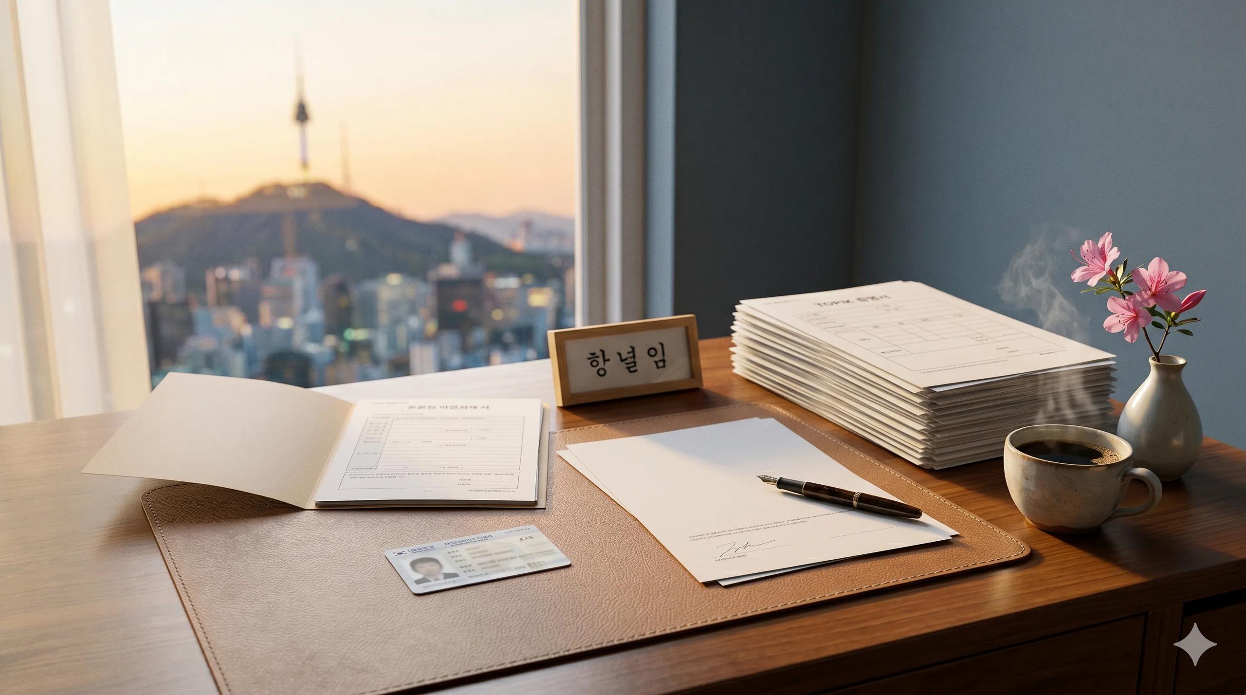 Wooden home study desk in a quiet Seoul apartment at golden hour with a freshly issued Korean ARC residence card on a leather pad, an open immigration packet, a fountain pen, a Hangul name plate, three years of TOPIK certificates and tax statements, an artisan coffee, an azalea sprig, and a wide window view of Namsan and Seoul skyline at sunset — Korea F-5-11 points-based permanent residency visa