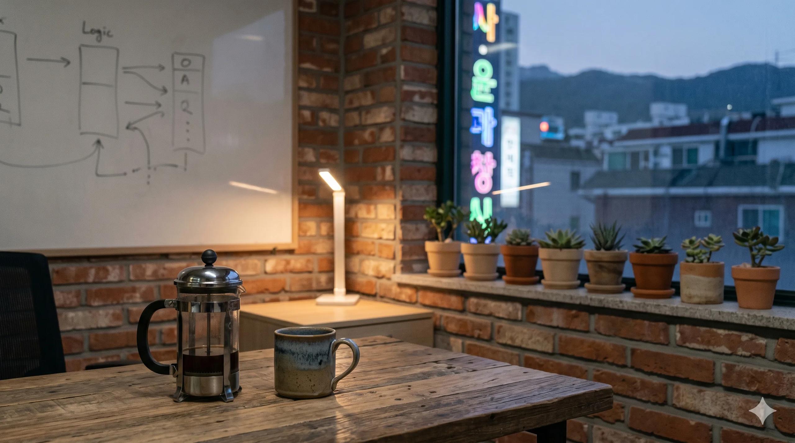노출 벽돌의 서울 코워킹 사무실, 옅게 스케치된 화이트보드와 원목 책상 위 프렌치프레스와 머그, 창밖으로 흐릿하게 보이는 한글 네온사인 — 한국 D-8 기업투자 비자 (외국인 창업자)
