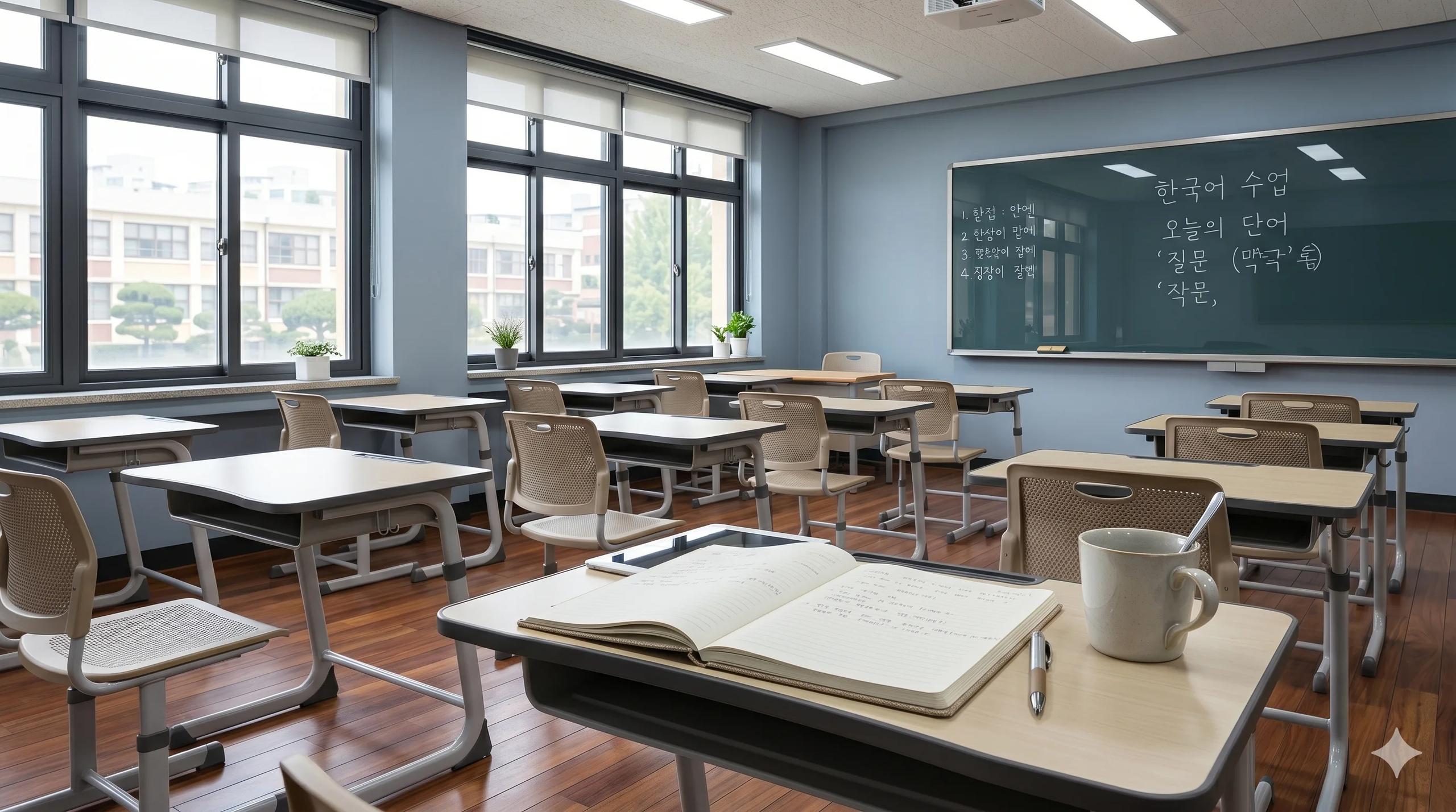 Empty Korean classroom with sunlit wooden desks, an open notebook, and a chalkboard with faint Hangul — Korea E-2 visa for foreign language teachers