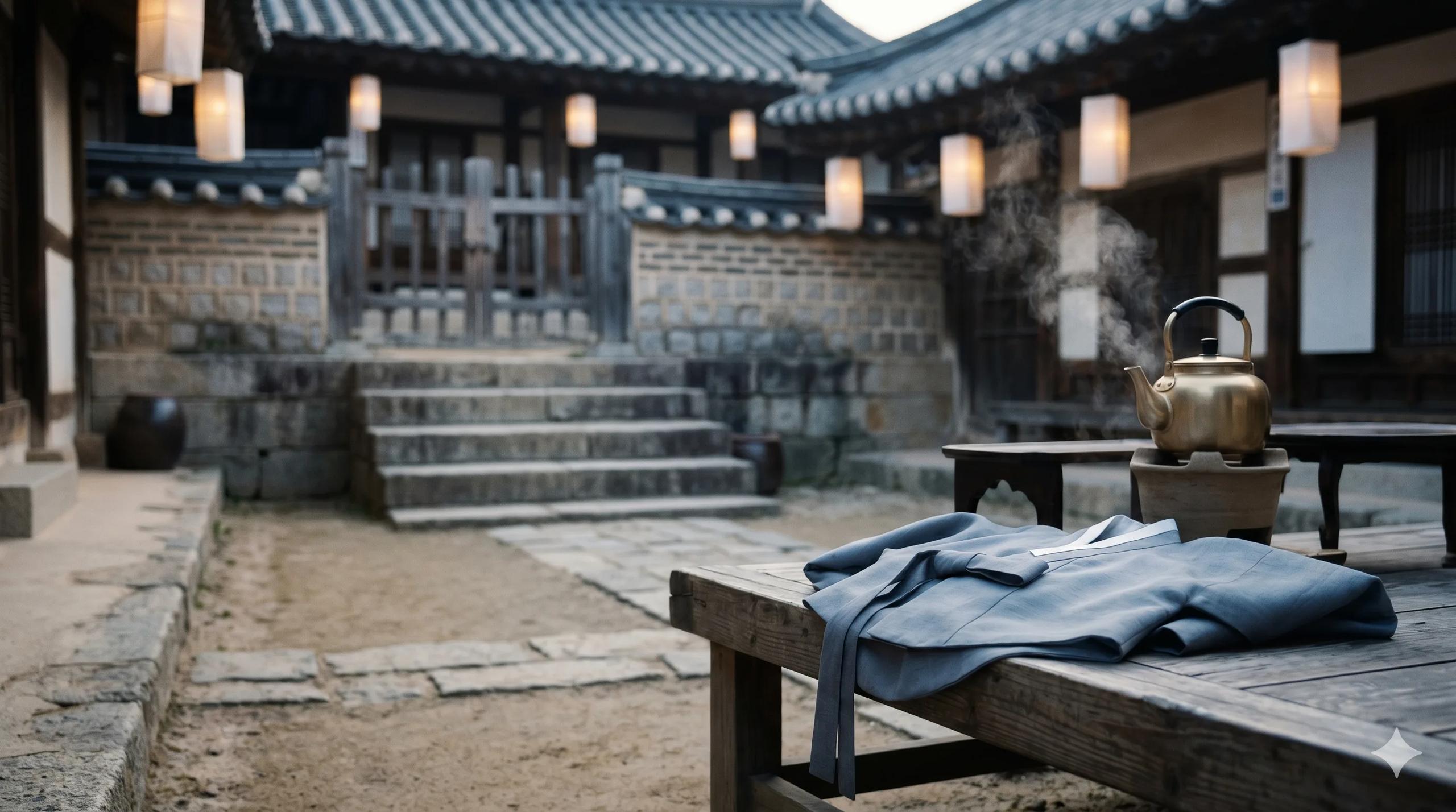 동틀 무렵의 전통 한옥 마당, 닳은 돌계단과 낮은 나무 대문, 벤치에 곱게 접힌 한복 저고리, 놋주전자에서 피어오르는 김 — 한국 F-4 재외동포 비자